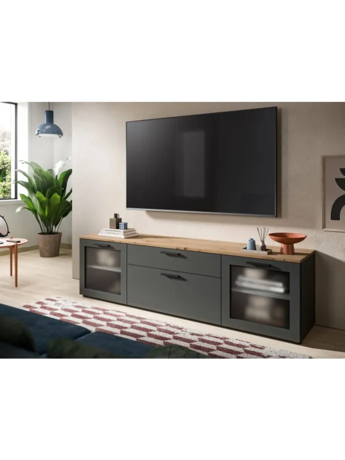 Lowboard (B/H/T): 185x52x40 cm in Basalt grau, Artisan Eiche und Glas