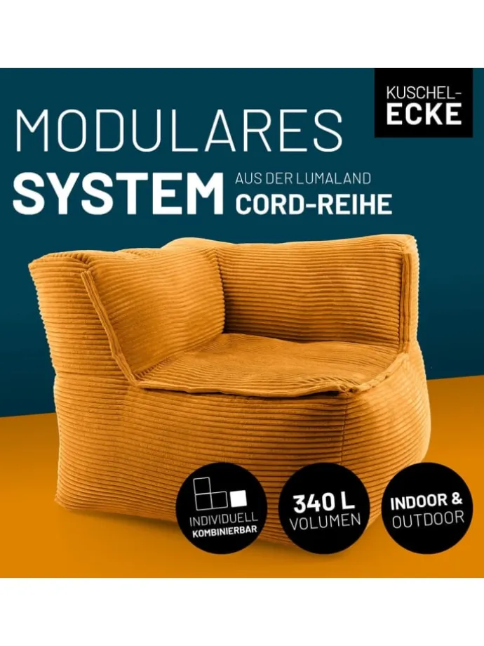 LUMALAND Modulares Eckteil rechts aus der Cord-Reihe, 81x81x70 cm - Bezug soft &