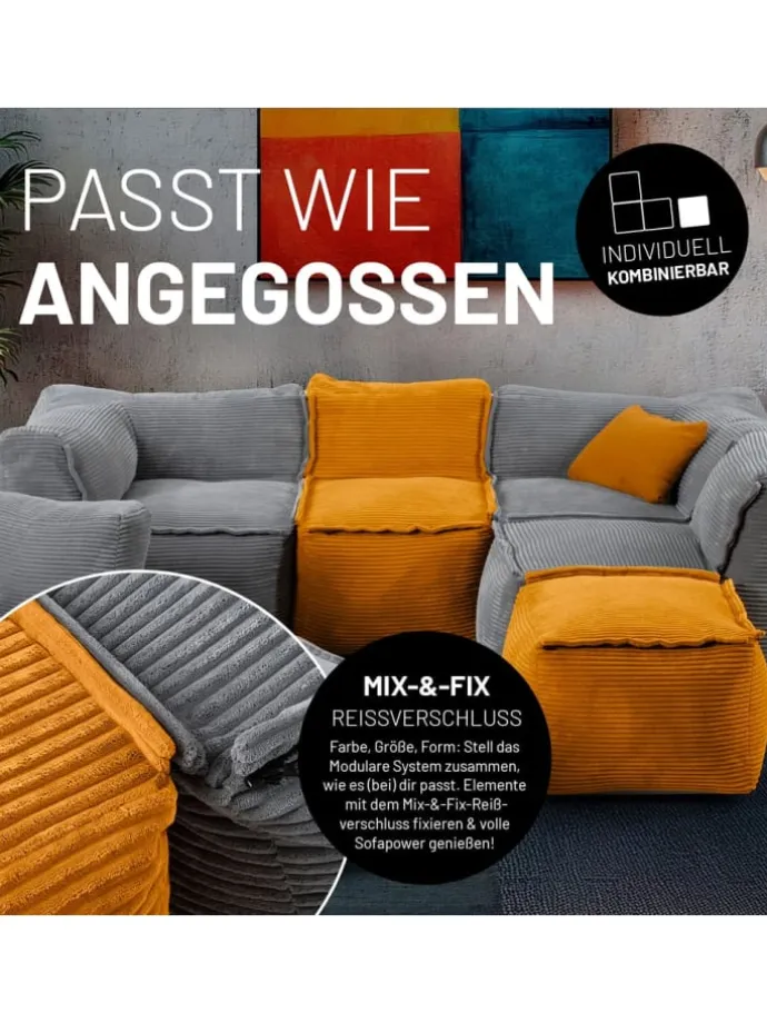 LUMALAND Modulares Eckteil rechts aus der Cord-Reihe, 81x81x70 cm - Bezug soft &