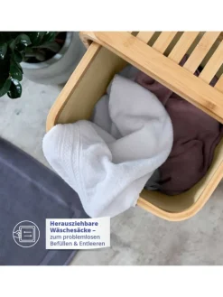 Lumaland Wäschekorb aus Bambus mit 2 ausziehbaren Wäschesäcken Farbe Dunkelgr