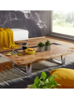 Massiver Akazienholz Couchtisch, Landhausstil, stabile Metallbeine