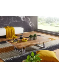 Massiver Akazienholz Couchtisch, Landhausstil, stabile Metallbeine