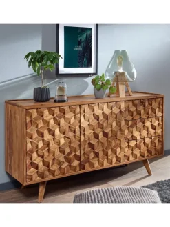 Massivholz-Sideboard in Sheesham, Türen & Schubladen, 138x76x45 cm
