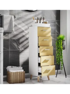 Midischrank Badmöbel Kommode Schubladen Landos M in Weiß / Honig-Eiche