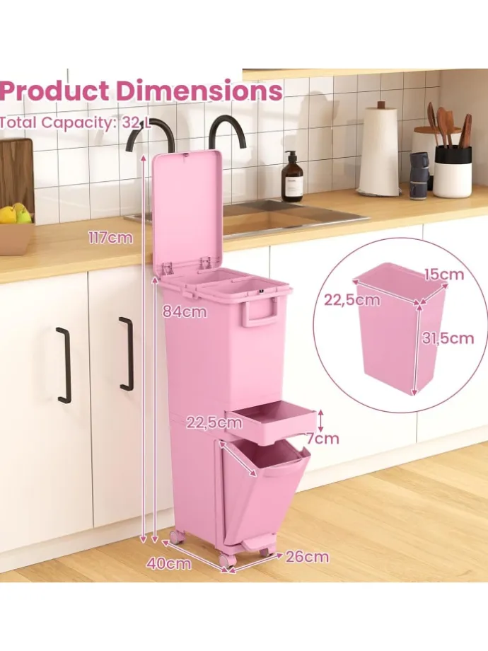 Mülleimer 2 Fächer 40 x 26 x 84 cm in Rosa