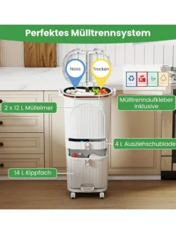 Mülleimer Küche 3 Fächer 2 x 12L & 14L in Weiß