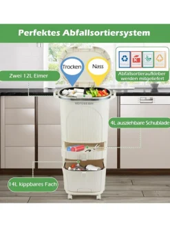 Mülleimer Küche 3 Fächer 2 x 12L & 14L in Beige