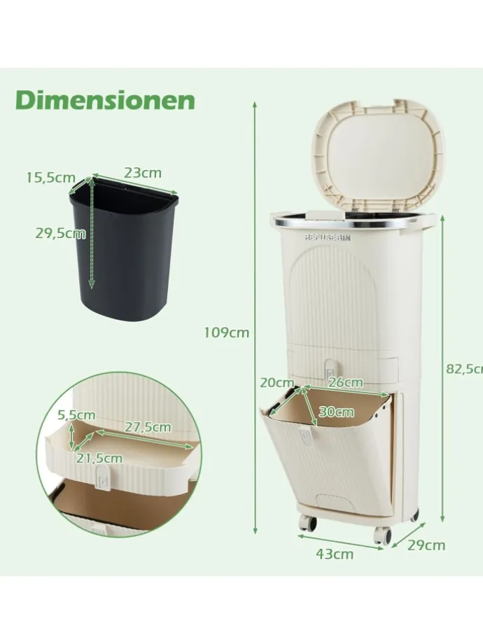 Mülleimer Küche 3 Fächer 2 x 12L & 14L in Beige