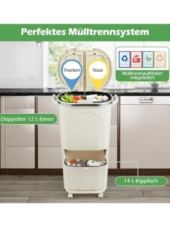 Mülleimer Küche 3 Fächer 2 x 12L & 14L in Beige