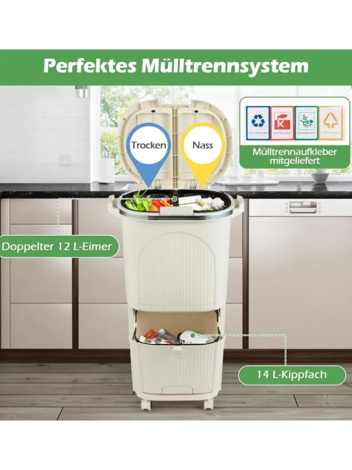 Mülleimer Küche 3 Fächer 2 x 12L & 14L in Beige