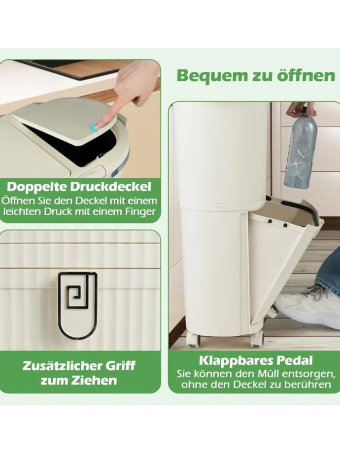 Mülleimer Küche 3 Fächer 2 x 12L & 14L in Beige