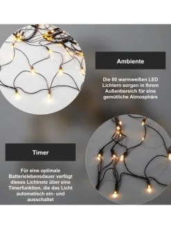 Netz LED-Lichterkette ,Akku, Batterie, warmweiß, outdoor, 80 LEDs, 15