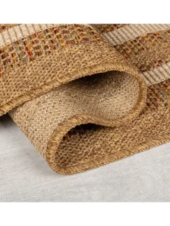 Outdoor Teppich Boho Streifen Bordüre, Balkon schmutzabweisend in Ocker