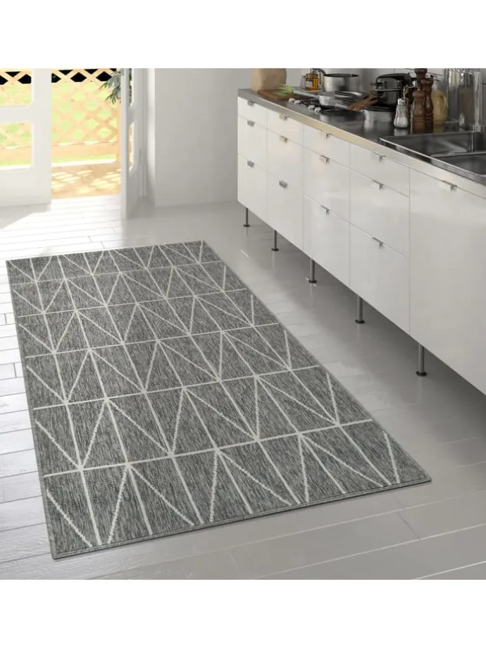 Outdoor Teppich Geometrisch Balkon, Terrasse schmutzabweisend in Grau