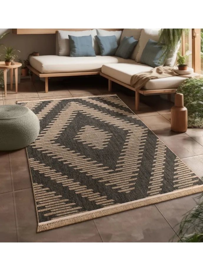 Outdoor Teppich Natur Balkon, Terrasse in Anthrazit