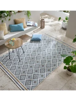 Outdoor Teppich Rauten Muster, Geometrisch, Balkon schmutzabweisend in Blau-Gelb