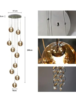 Pendelleuchte 10-flammige G9 in rauchgrau Glas und Kristall L41cm x H215cm