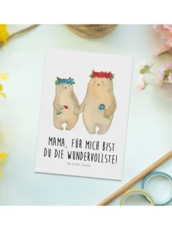 Postkarte Bären mit Blumenkranz mit Spruch in Weiß