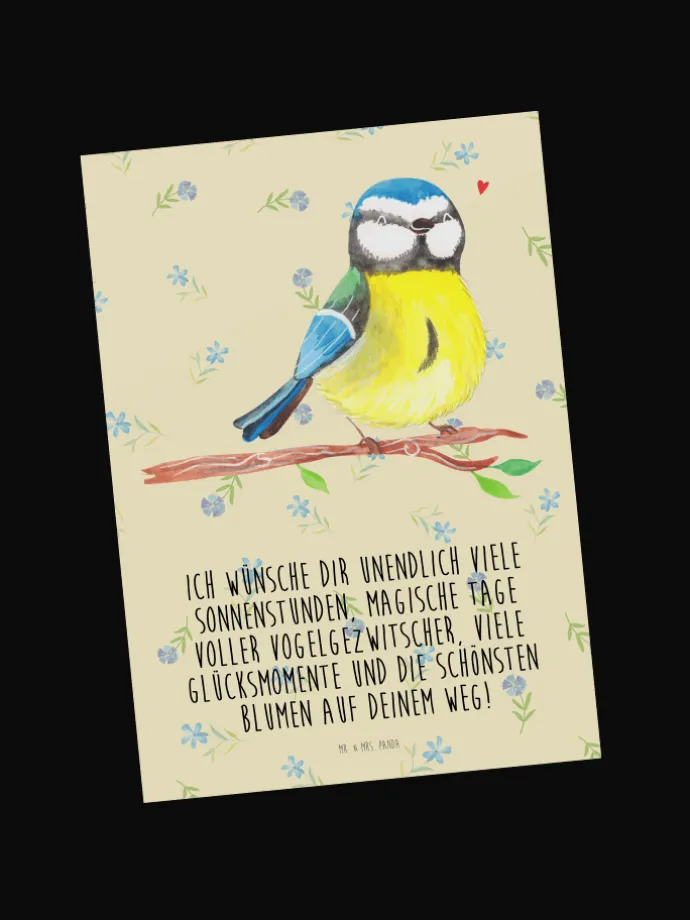 Postkarte Vogel Blaumeise mit Spruch in Blumig