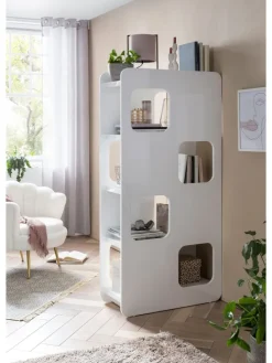 Raumteiler-Regal mit 4 Böden und 8 Fächer aus MDF Hochglanz in Weiß