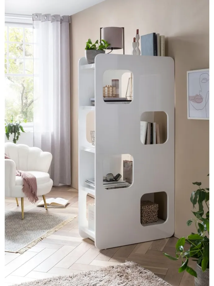 Raumteiler-Regal mit 4 Böden und 8 Fächer aus MDF Hochglanz in Weiß