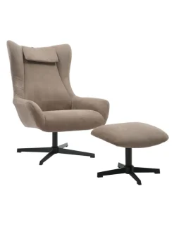 Relaxsessel und Hocker mit Drehfunktion Metallgestell und Cord-Optik in Braun