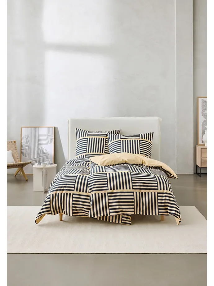 Renforcé-Bettwäsche-Set "Arian" in Dunkelblau/ Beige