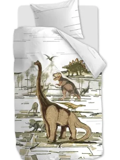 Renforcé-Bettwäsche-Set "Dinosaurs" in Weiß/ Beige