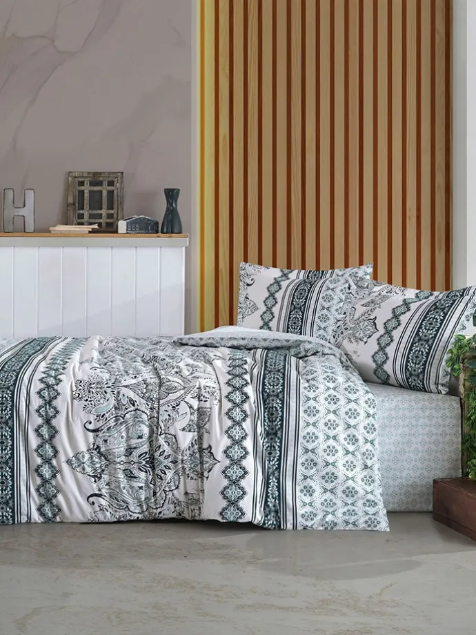 Renforcé-Bettwäsche-Set in Creme/ Blau