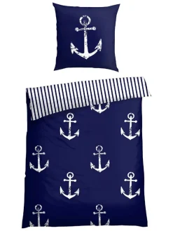 Renforcé-Bettwäsche-Set in Dunkelblau/ Weiß