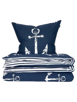 Renforcé-Bettwäsche-Set in Dunkelblau/ Weiß