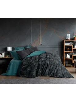 Renforcé-Bettwäsche-Set in Schwarz/ Petrol