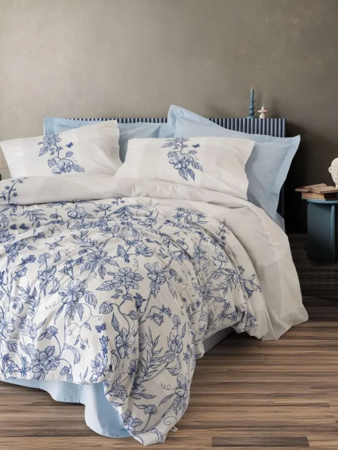 Renforcé-Bettwäsche-Set "Linora" in Weiß/ Blau