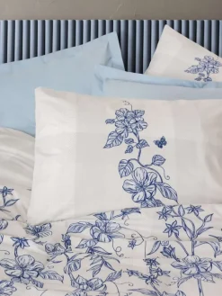 Renforcé-Bettwäsche-Set "Linora" in Weiß/ Blau