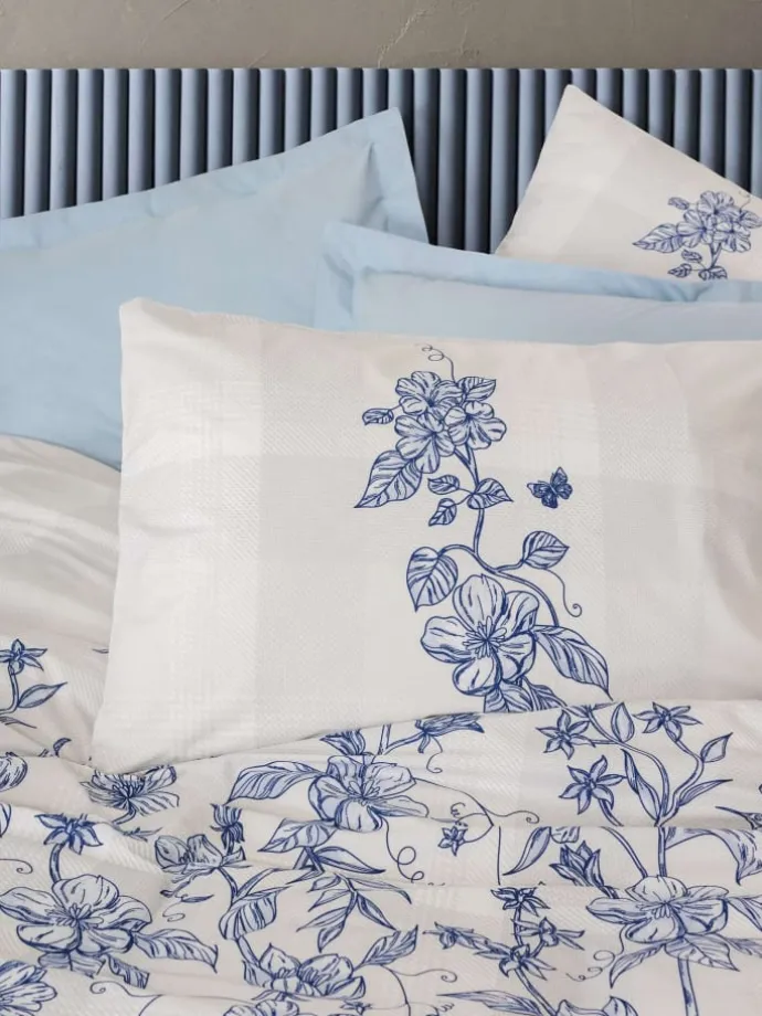 Renforcé-Bettwäsche-Set "Linora" in Weiß/ Blau