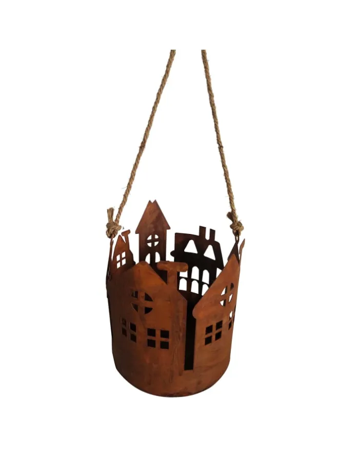 Rost Laterne mit Kordel in Braun