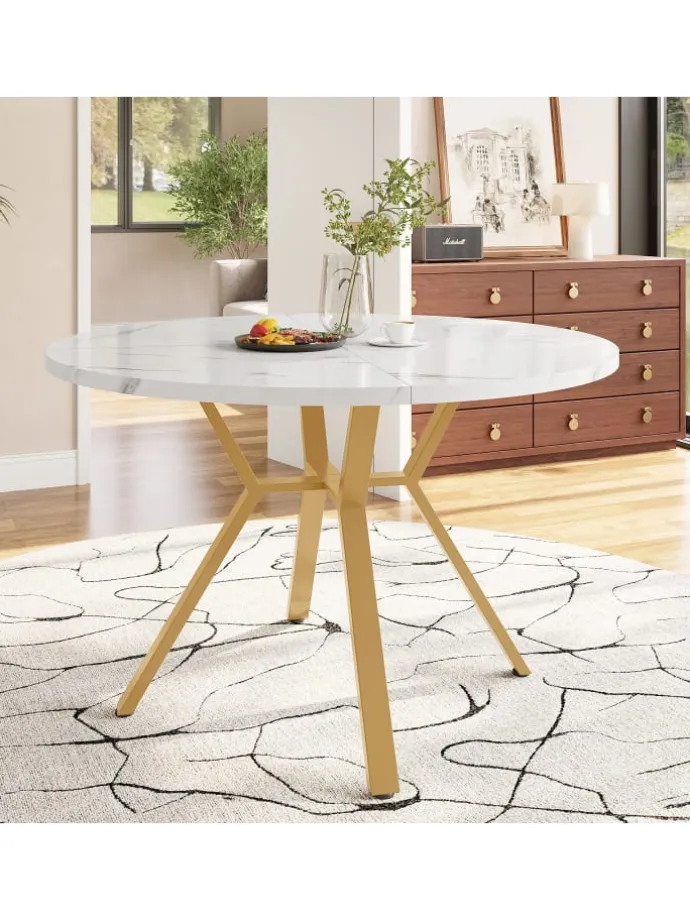 Runder Esstisch in Gold mit Marmorplatte Durchmesser 100 cm