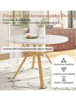 Runder Esstisch in Gold mit Marmorplatte Durchmesser 100 cm