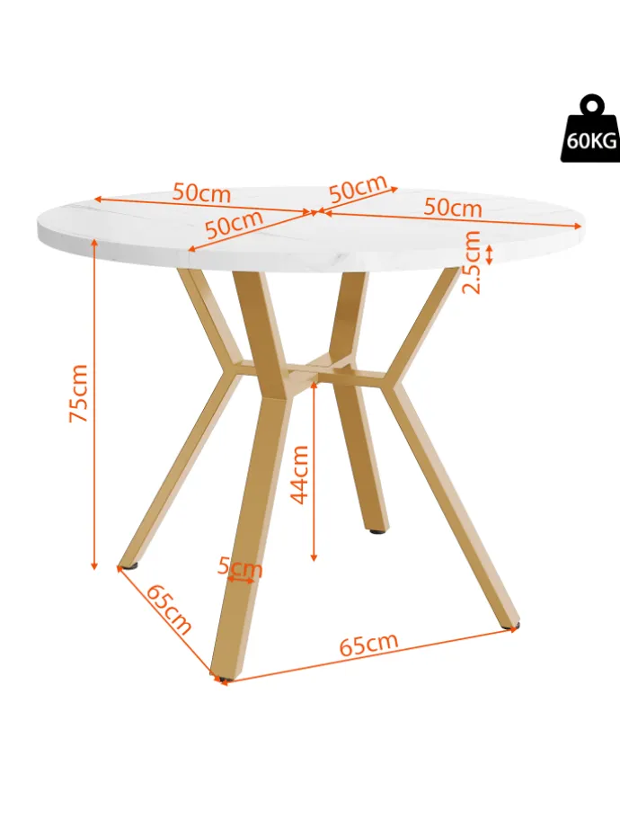 Runder Esstisch in Gold mit Marmorplatte Durchmesser 100 cm