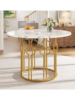 Runder Esstisch in Marmoroptik 100x100x76 cm mit goldenen Metallbeinen