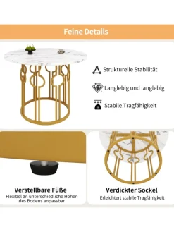 Runder Esstisch in Marmoroptik 100x100x76 cm mit goldenen Metallbeinen