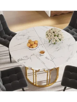 Runder Esstisch in Marmoroptik 100x100x76 cm mit goldenen Metallbeinen