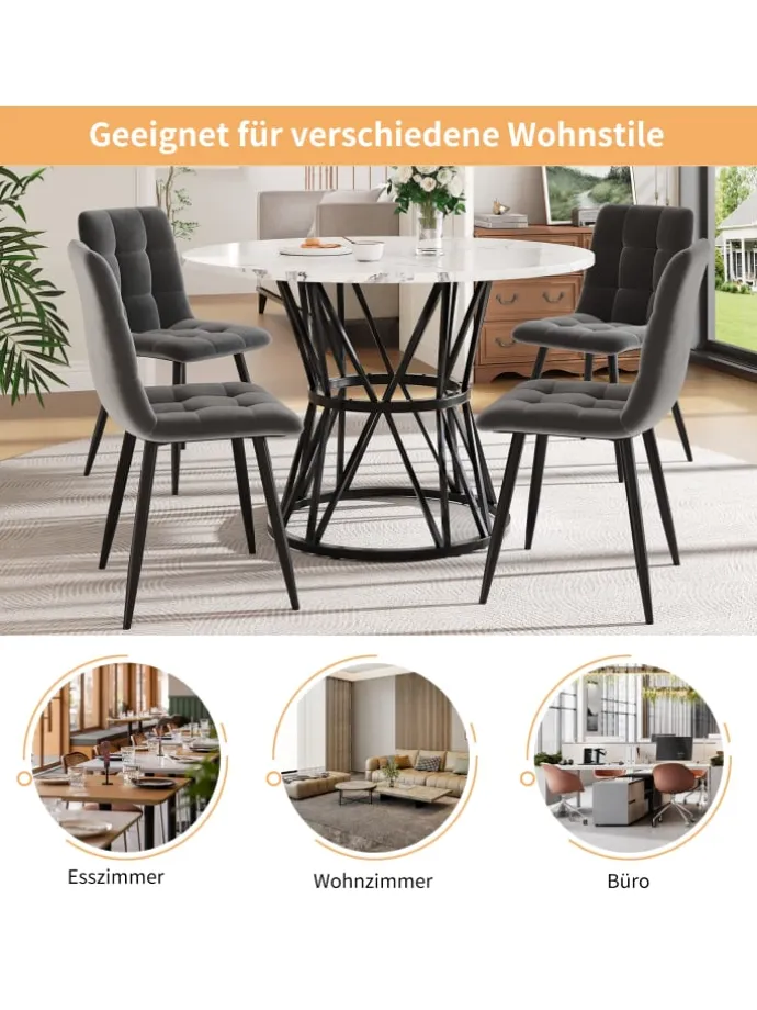 Runder Esstisch in Schwarz Marmor mit Metallbeinen 100x100x76 cm