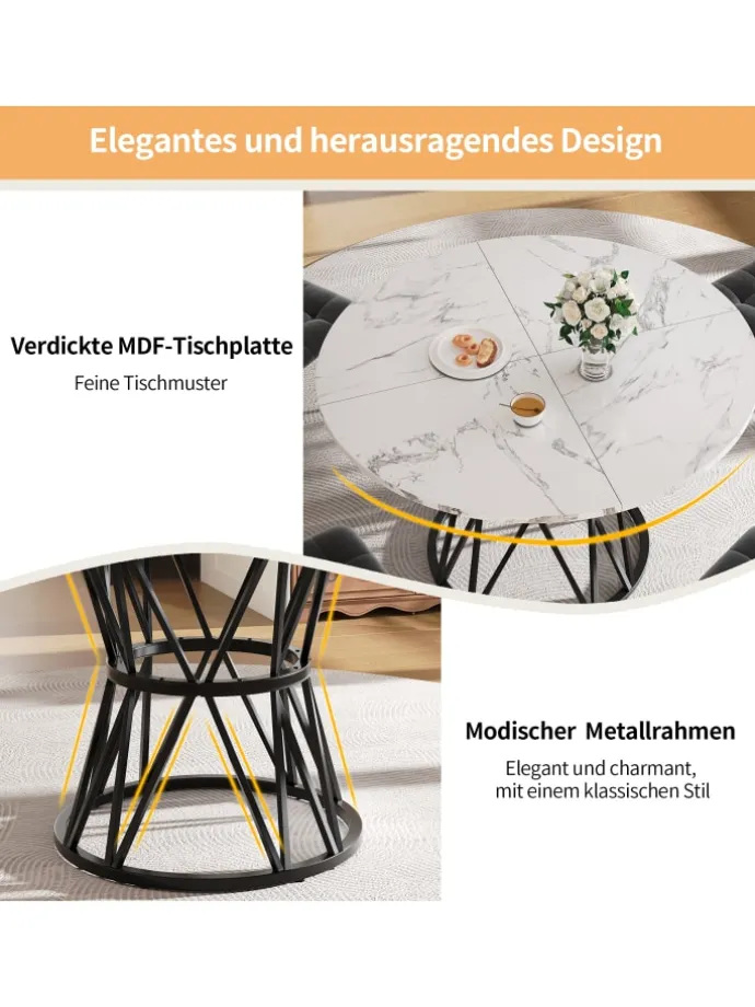 Runder Esstisch in Schwarz Marmor mit Metallbeinen 100x100x76 cm