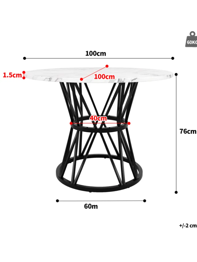 Runder Esstisch in Schwarz Marmor mit Metallbeinen 100x100x76 cm