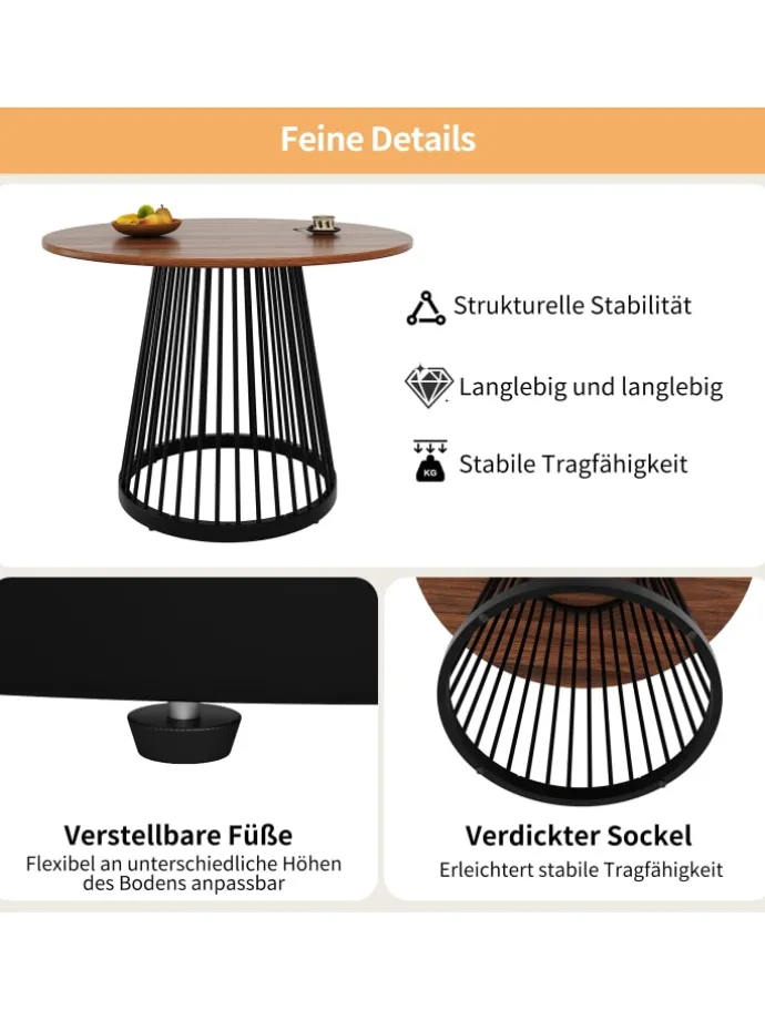 Runder Esstisch in Schwarz 80x80x76 cm mit Metallbeinen