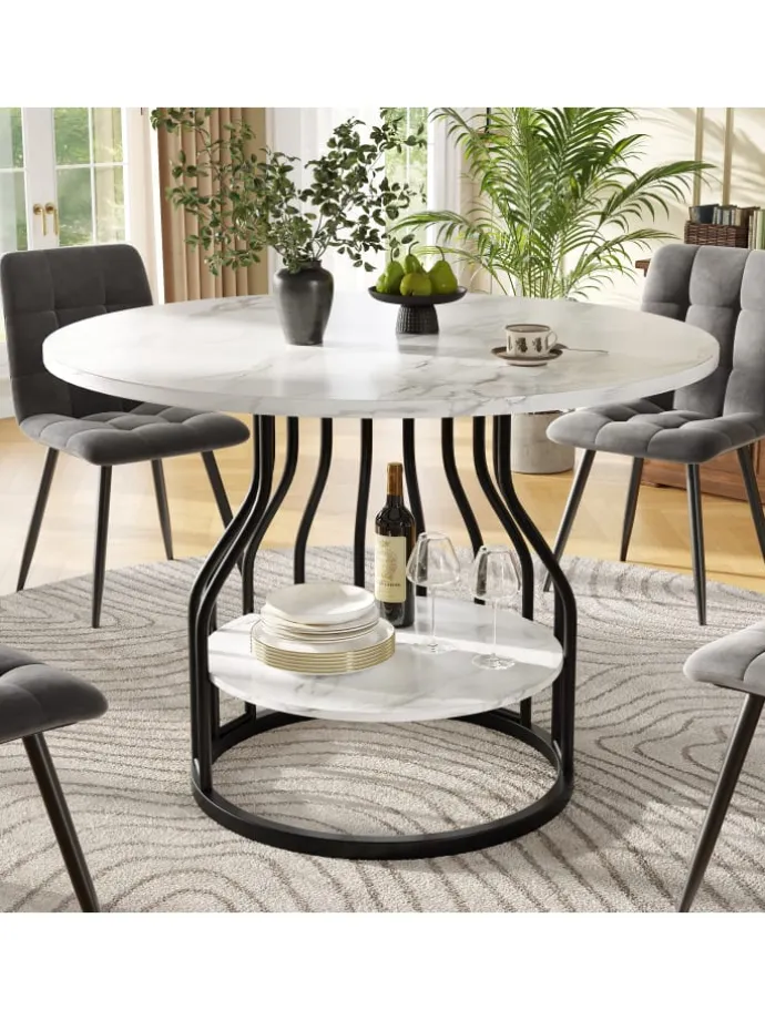 Runder Esstisch in Schwarz 80x80x76 cm mit kleiner Ablageplatte