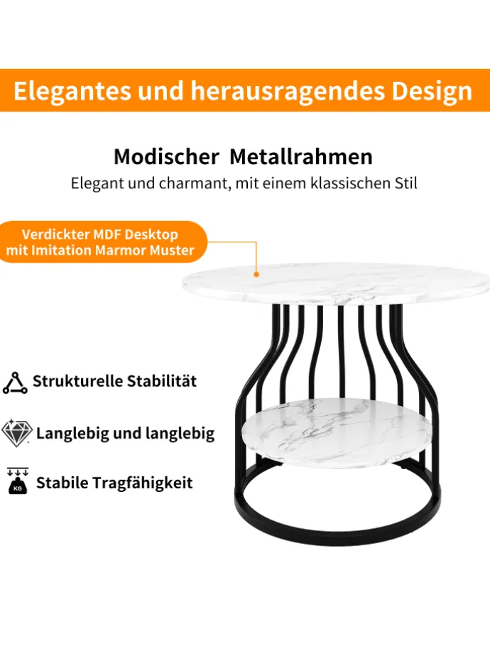 Runder Esstisch in Schwarz 80x80x76 cm mit kleiner Ablageplatte