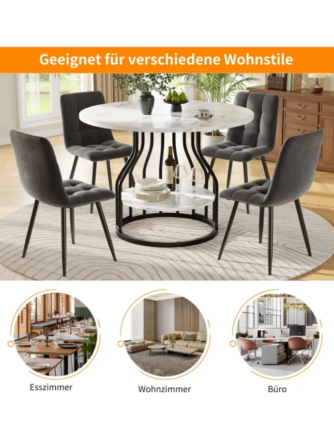 Runder Esstisch in Schwarz 80x80x76 cm mit kleiner Ablageplatte