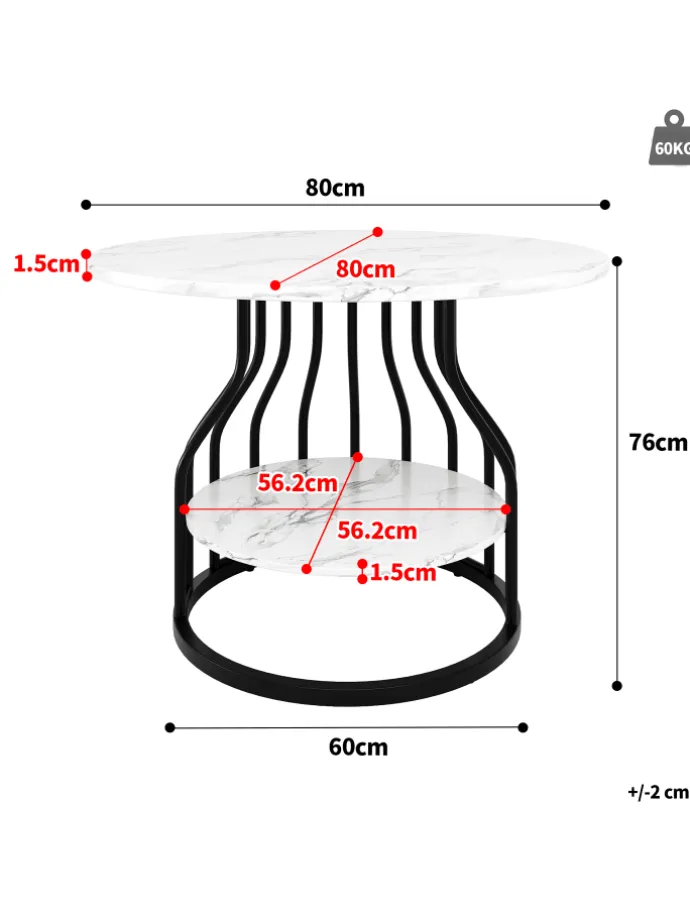 Runder Esstisch in Schwarz 80x80x76 cm mit kleiner Ablageplatte